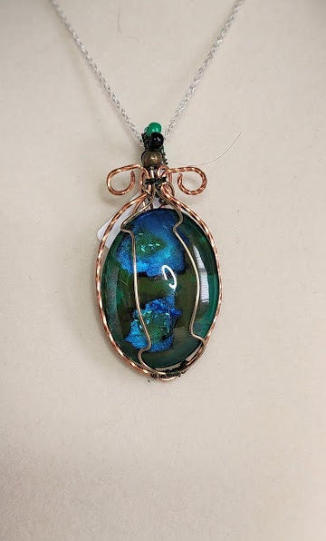 Copper-Wrapped Glass Canvas: Hand-Painted Malachite and Azurite Oval