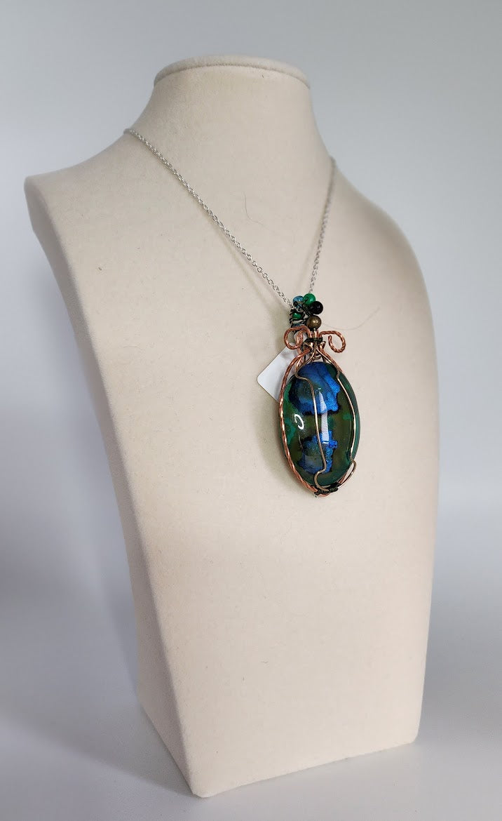 Copper-Wrapped Glass Canvas: Hand-Painted Malachite and Azurite Oval