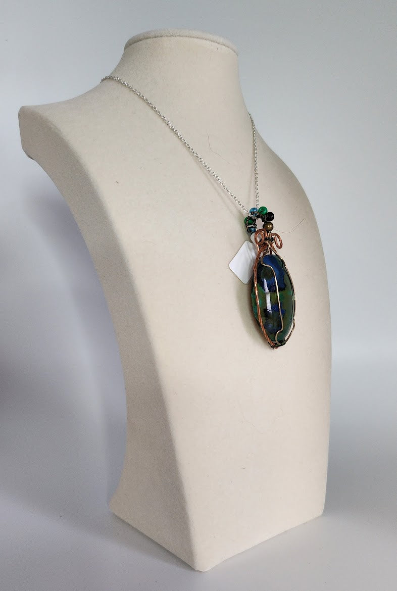 Copper-Wrapped Glass Canvas: Hand-Painted Malachite and Azurite Oval