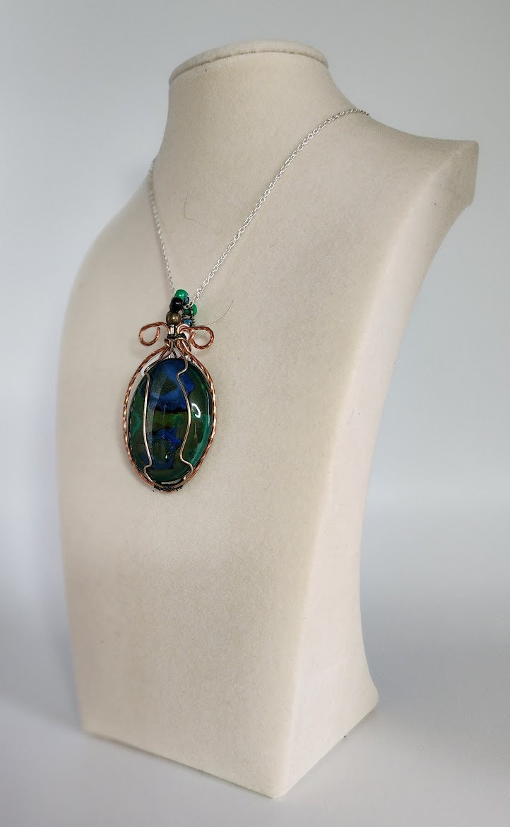 Copper-Wrapped Glass Canvas: Hand-Painted Malachite and Azurite Oval
