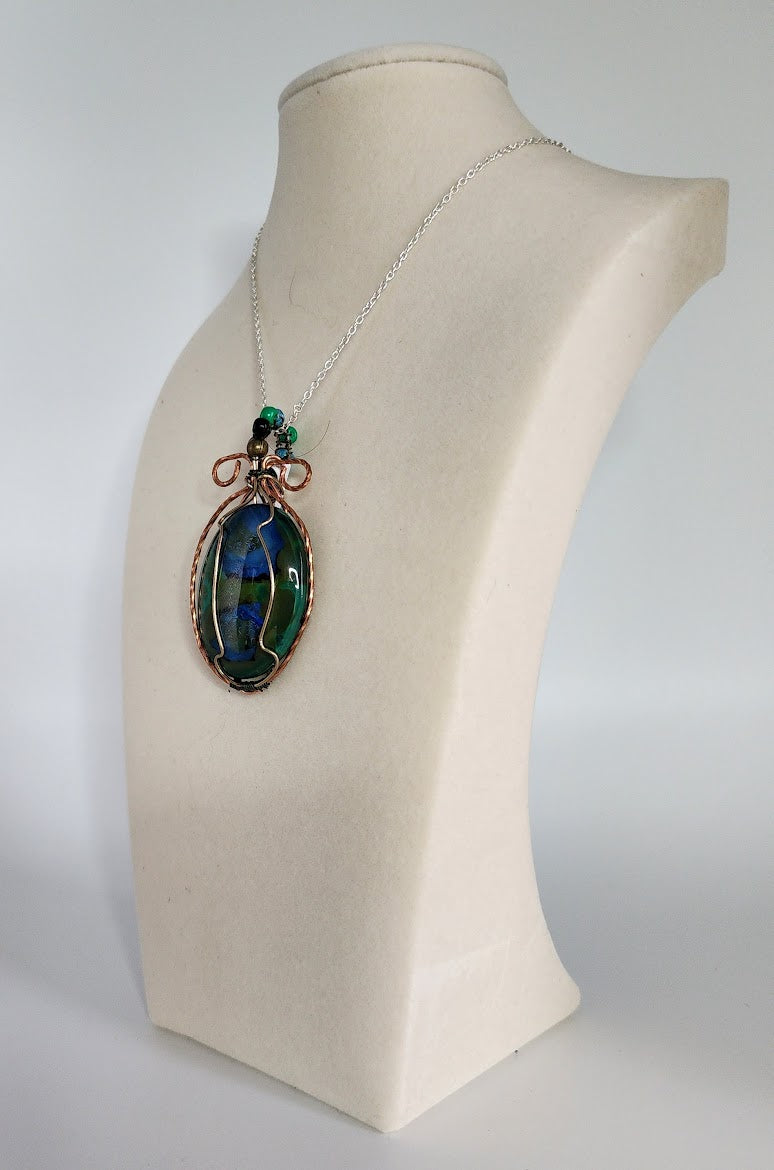 Copper-Wrapped Glass Canvas: Hand-Painted Malachite and Azurite Oval