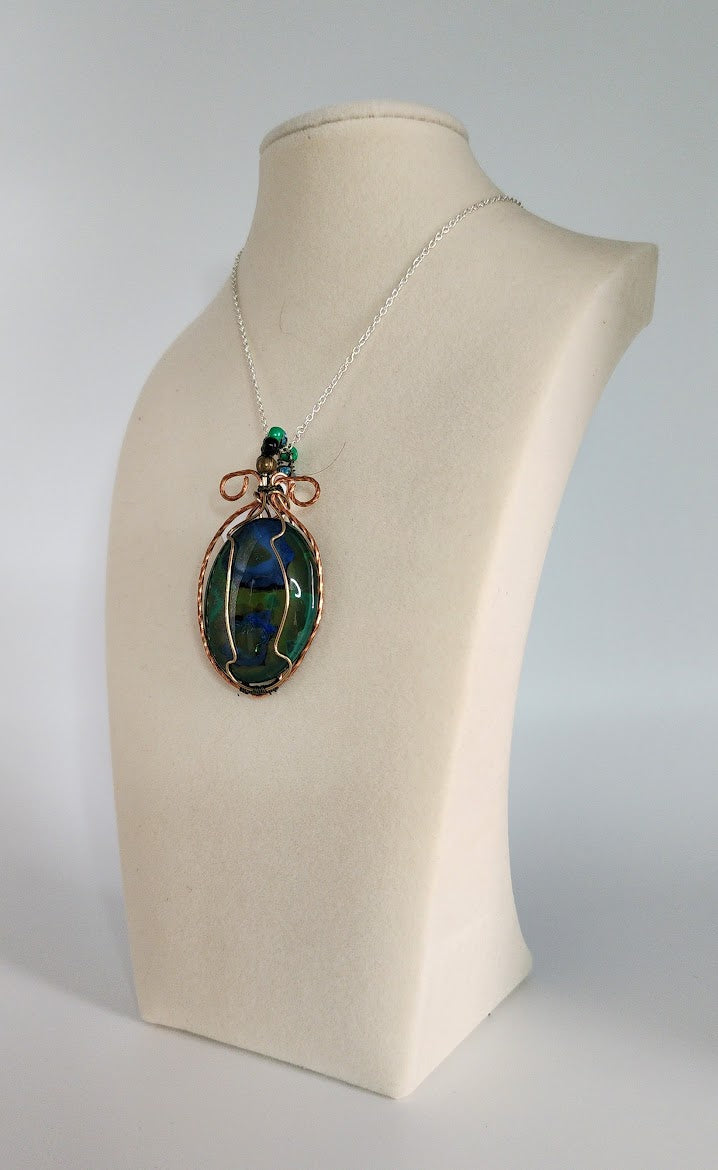 Copper-Wrapped Glass Canvas: Hand-Painted Malachite and Azurite Oval
