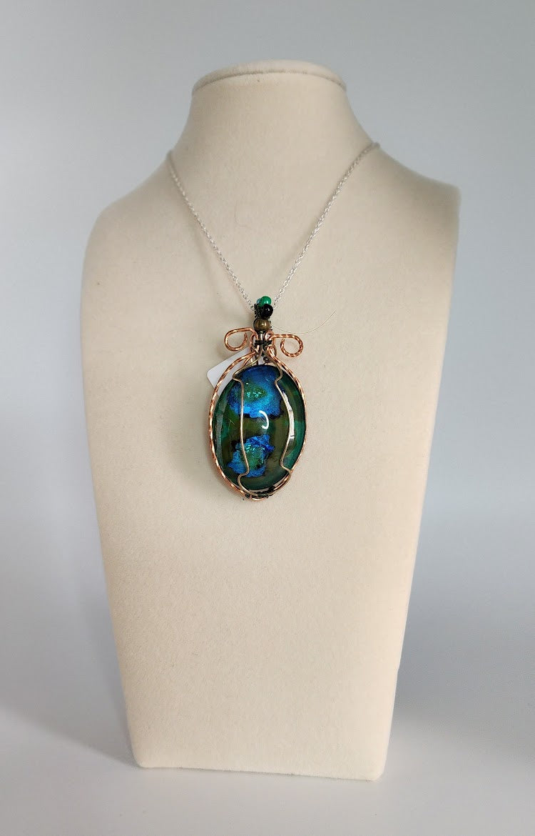 Copper-Wrapped Glass Canvas: Hand-Painted Malachite and Azurite Oval