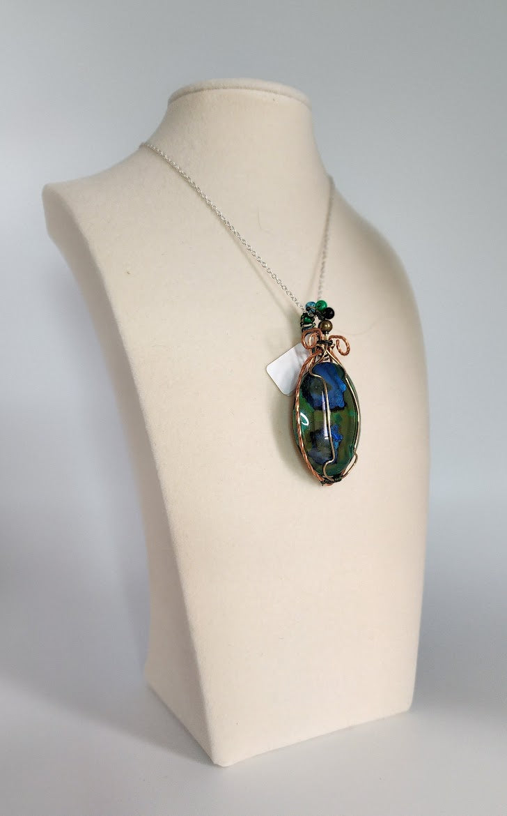 Copper-Wrapped Glass Canvas: Hand-Painted Malachite and Azurite Oval